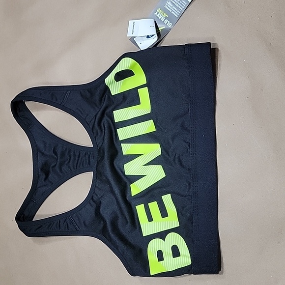 Old Navy Active Size S Black with Neon Green "Be Wild" Spellout Sports Bra, NEW - Picture 1 of 9
